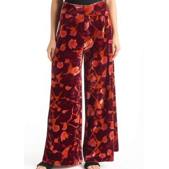 Vintage Pants - Vintage 70's Pants S Wine Floral Velvet Bell Bottoms High Rise Wide Leg Flare